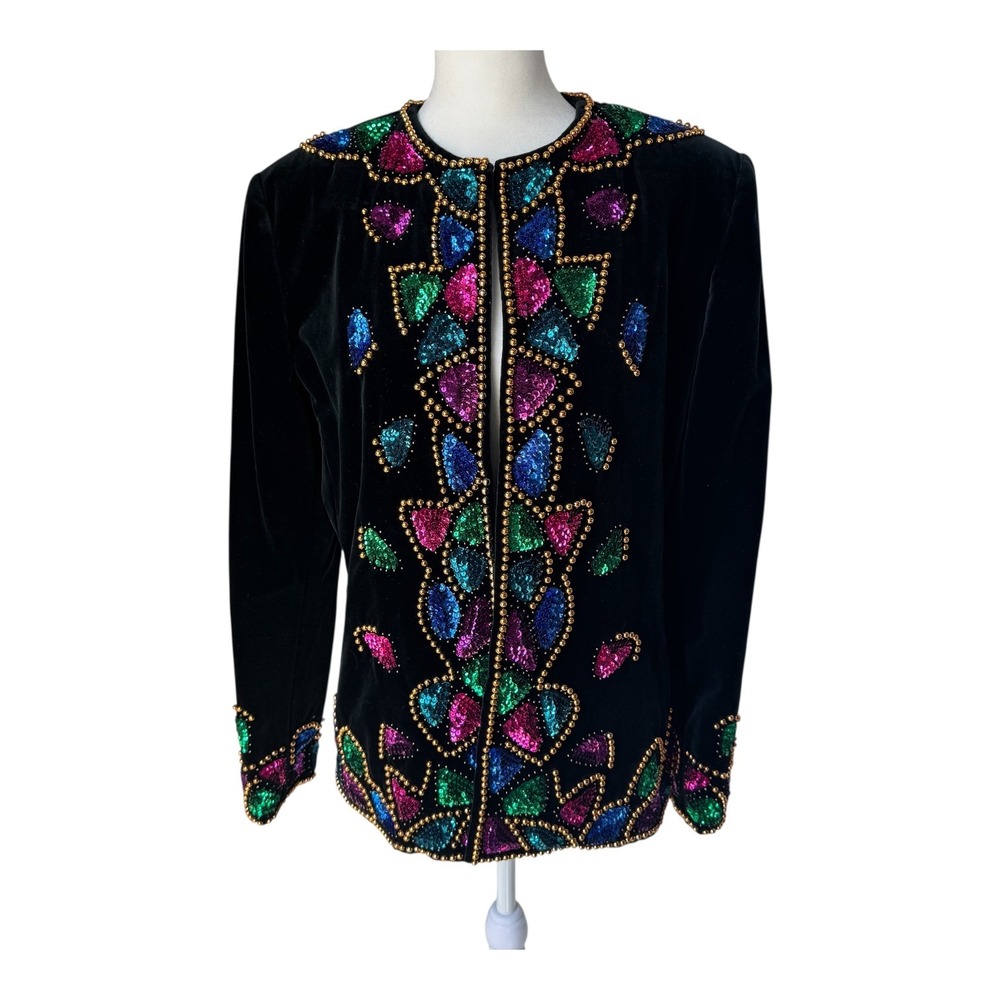 Vintage 90s Carlisle Sequin Beaded Velvet Jacket Black Jewel Tone Blazer Size 12